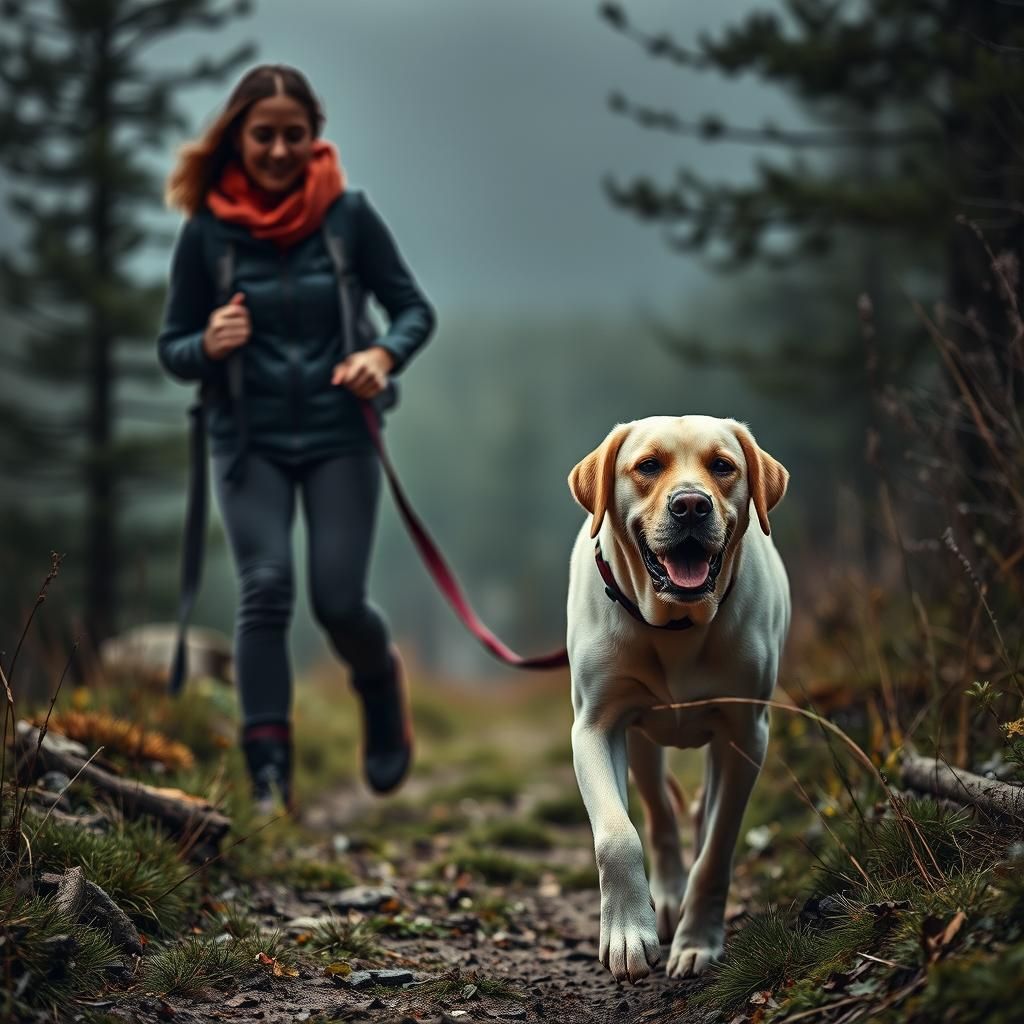 Woman and Labrador Dog Hiking in Hyperrealism