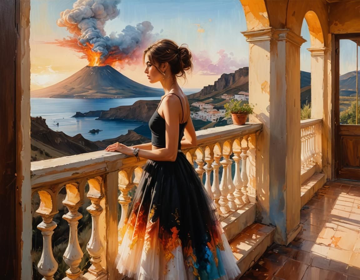 Balcony View of Volcanic Eruption in Renaissance Style