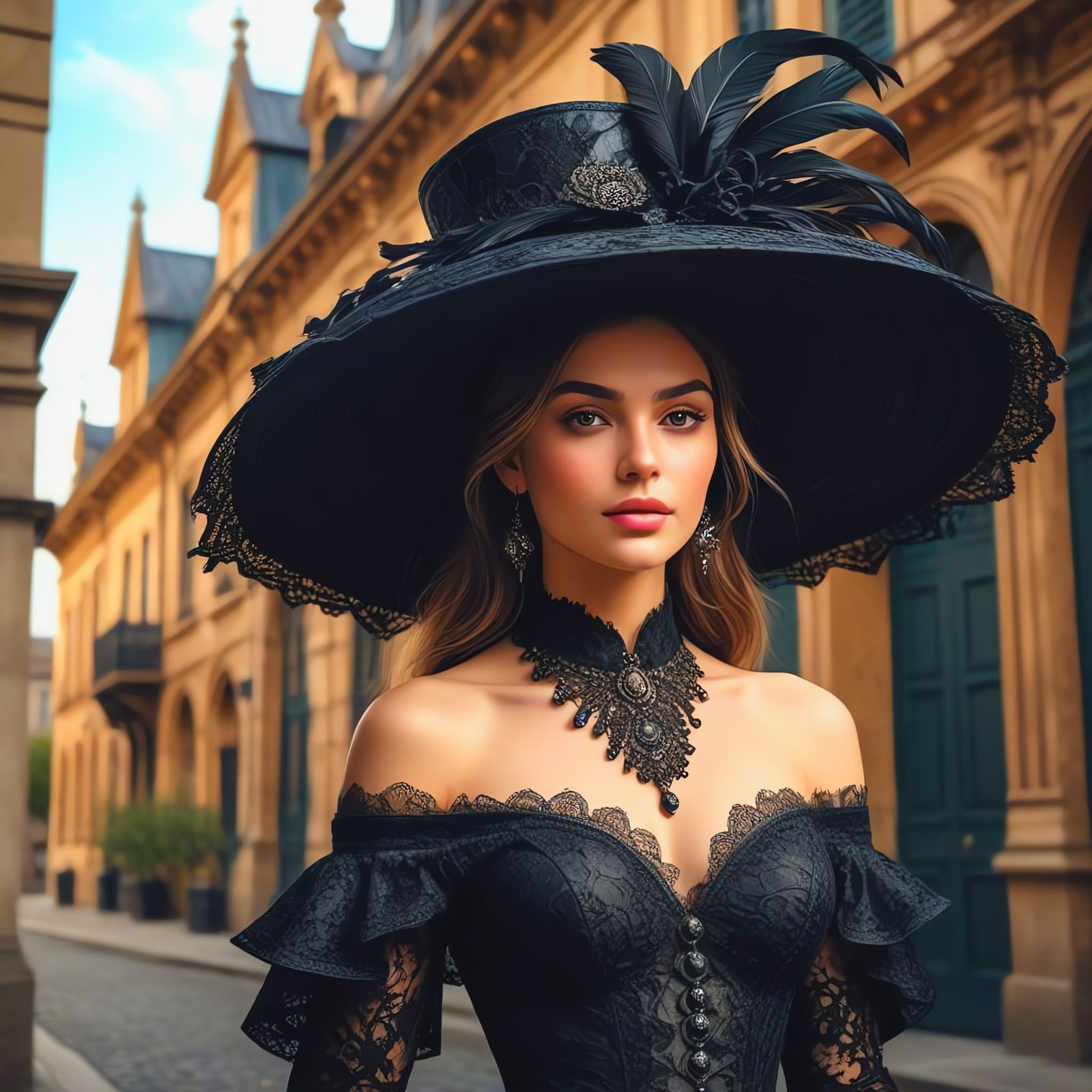 Woman in Lavish Black Lace Dress against Historic Backdrop