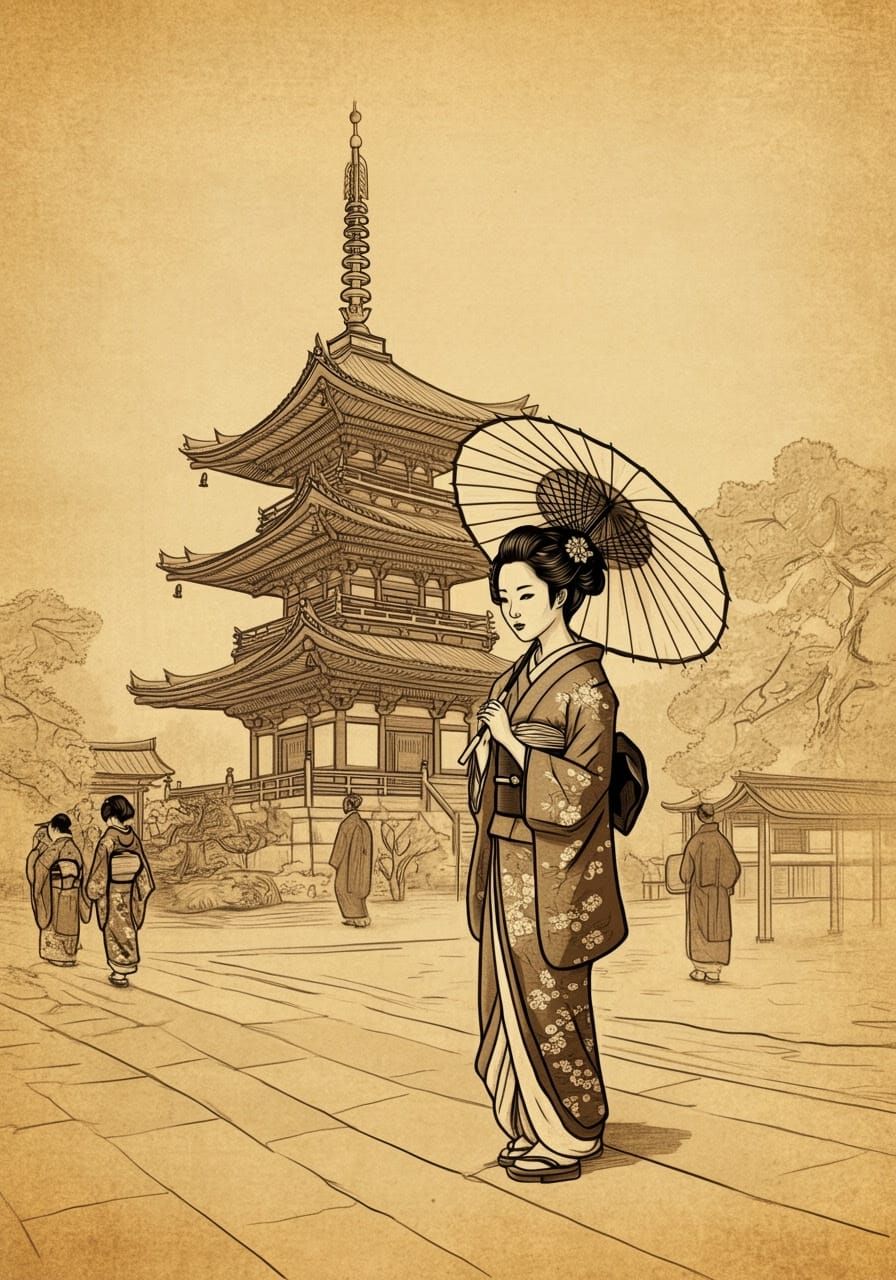 Elegant Kimono Woman at Pagoda in Japanese Art Style