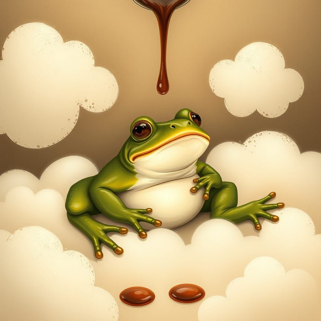Dreamy Frog Lounging Among Clouds in Storybook Style