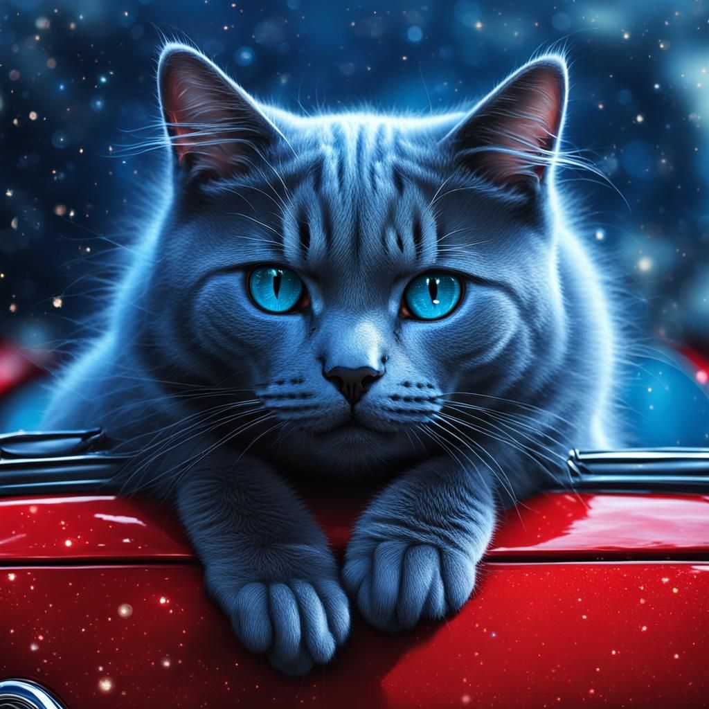 Russian Blue Cat in Alfa Romeo: Hyperrealistic Photo