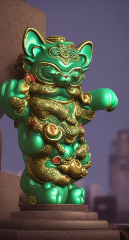 Jade Foo Dog Maneki-Neko Statue with Green Energy