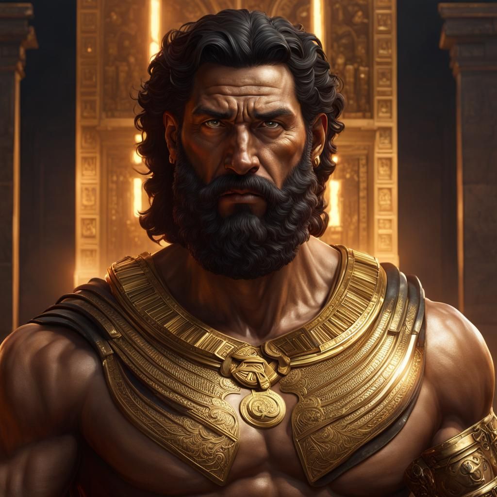 Hercules in Egyptian Gold Attire: Hyperrealistic Portrait