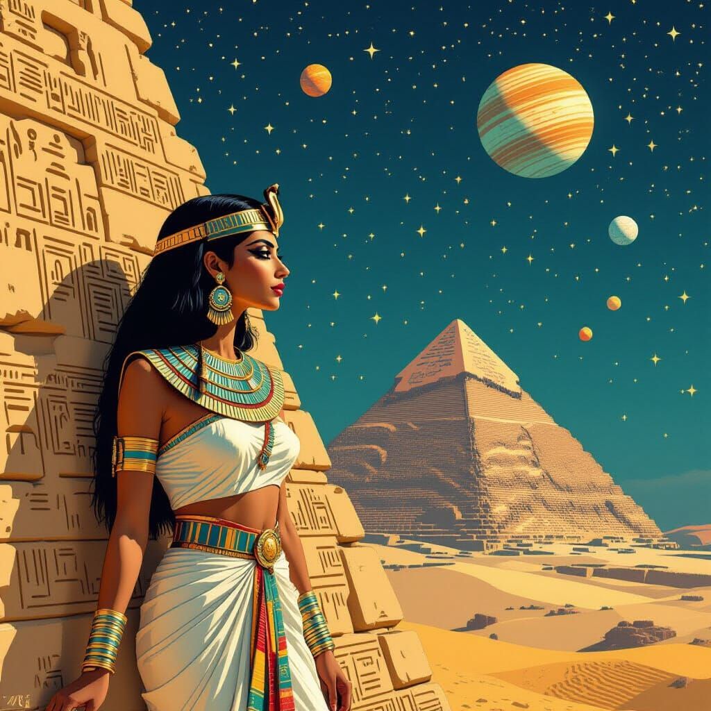 Egyptian Woman Under Stars in Retro Illustration Style