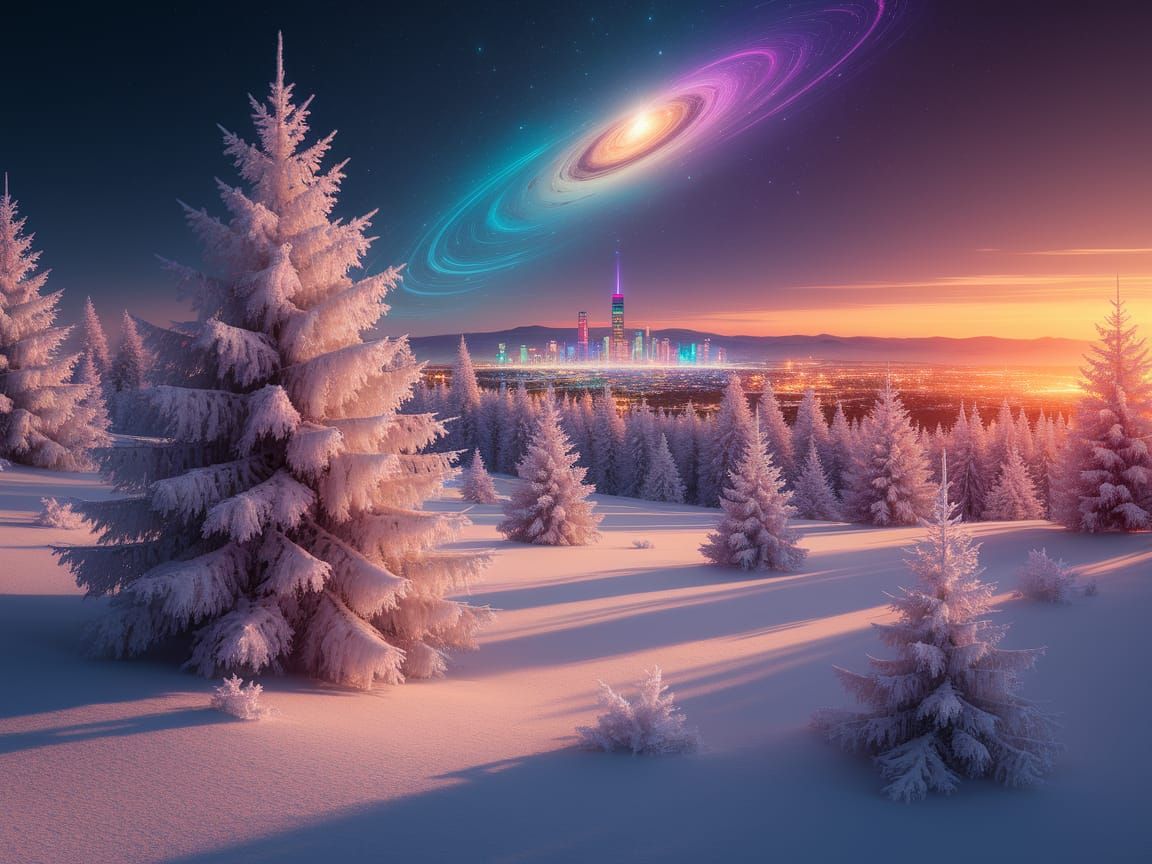 Magical Winter Sunset Landscape with Neon Cityscape