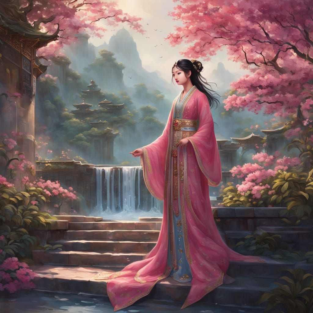 Majestic Chinese Priestess Goddess in Sacred Temple Garden
