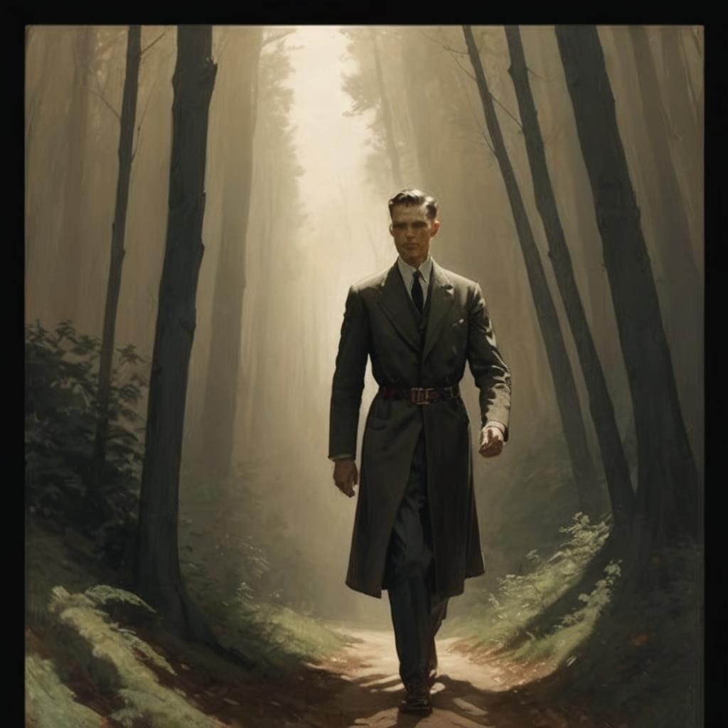 Man Walks Forest Path in Golden Age Illustration
