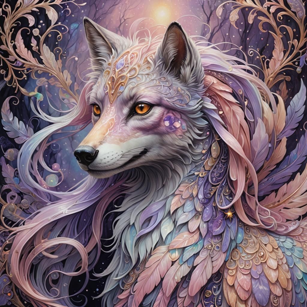 Fox Horse raven hybrid in opal, pink, light gold and lavende...