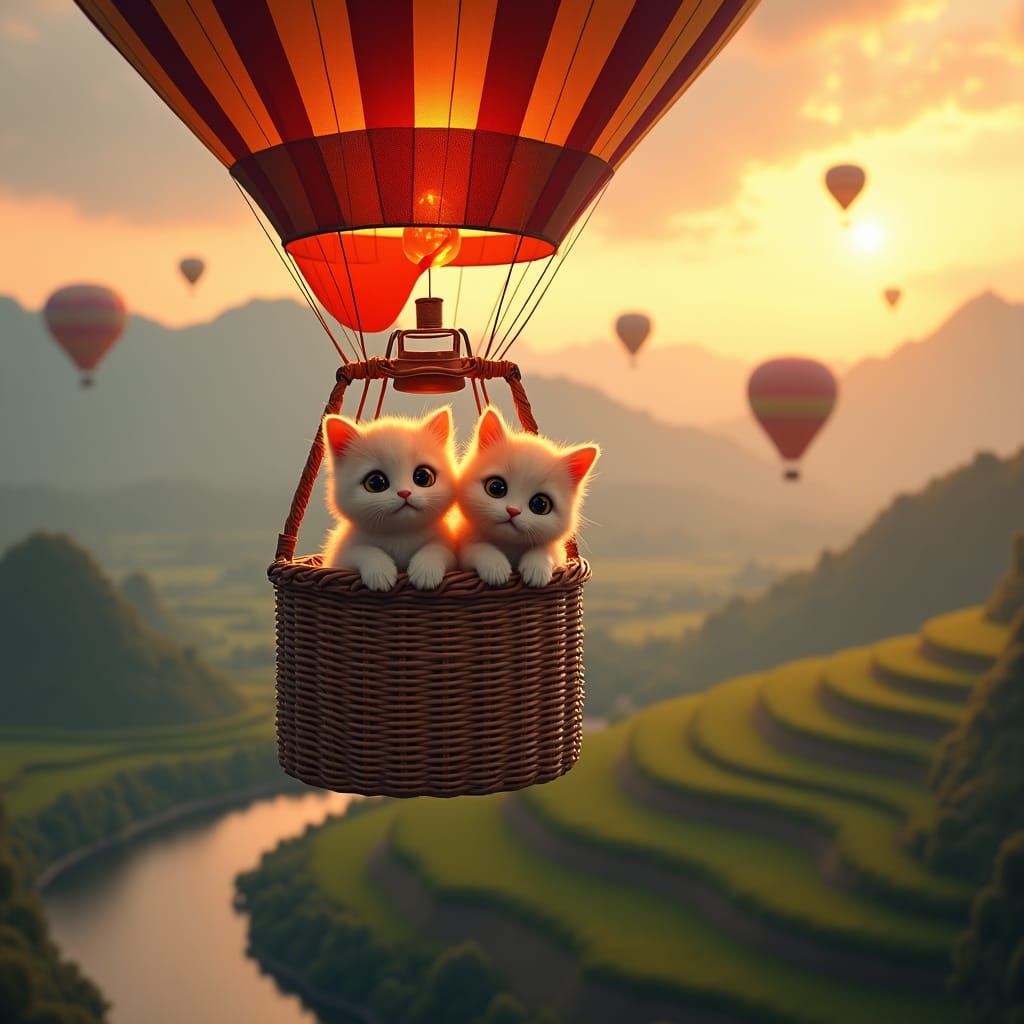 Two cute animated kittens with big eyes.

the two cats inside a vibrant majestic hot air balloon, fully visible in the f...