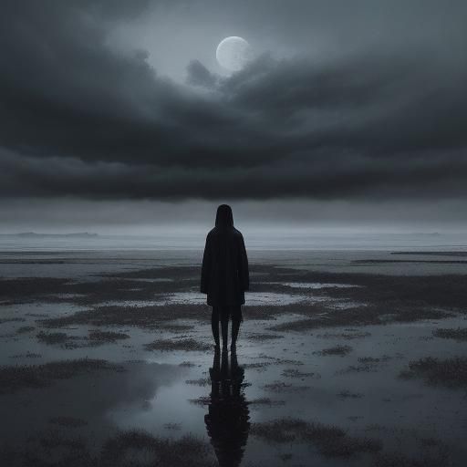 Eerie Night: Faceless Woman in Reflective Landscape