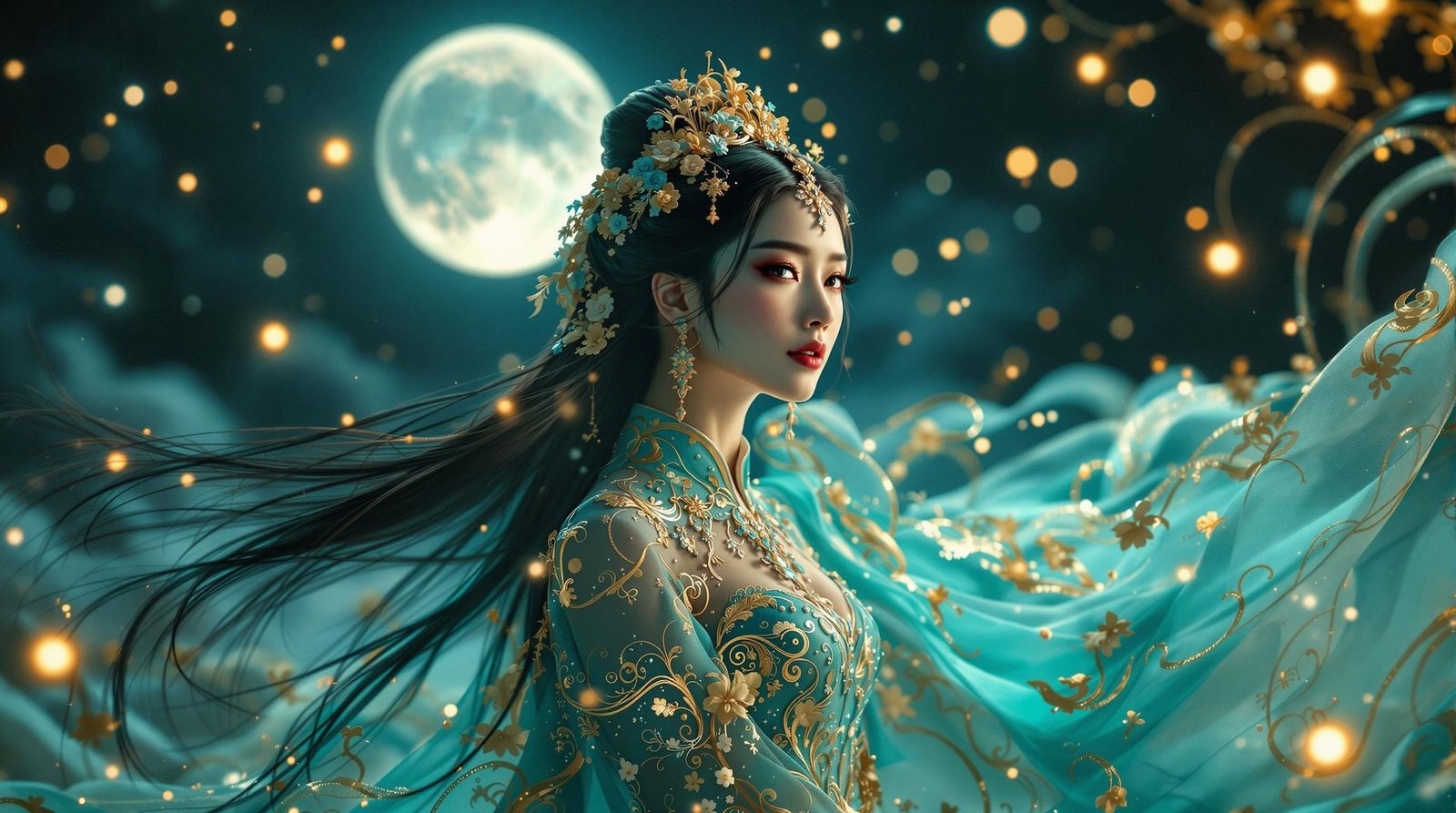 Elegant Asian Goddess Under Moonlit Skies