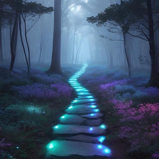 Glowing Fairy on Iridescent Pathway in Dark Woods