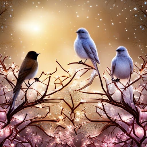 Birds on Winter Tree: Hyperdetailed Digital Art