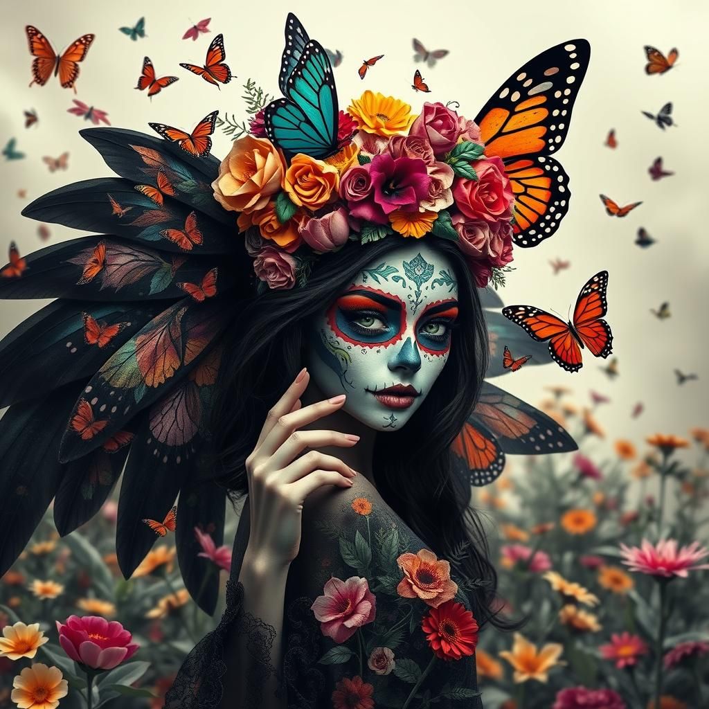 Day of the Dead Woman in Floral Dreamscape