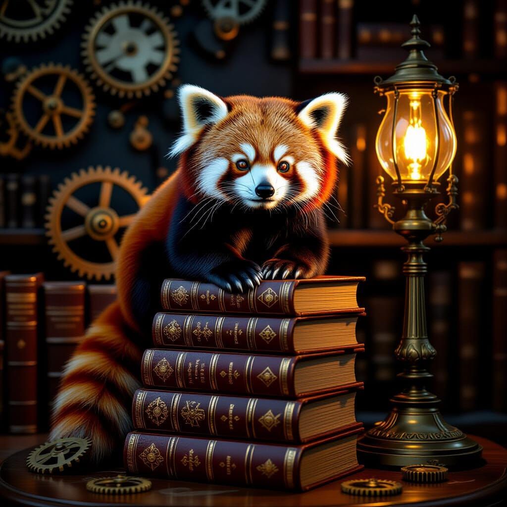 A whimsical red panda perched on a stack of antique, leather...