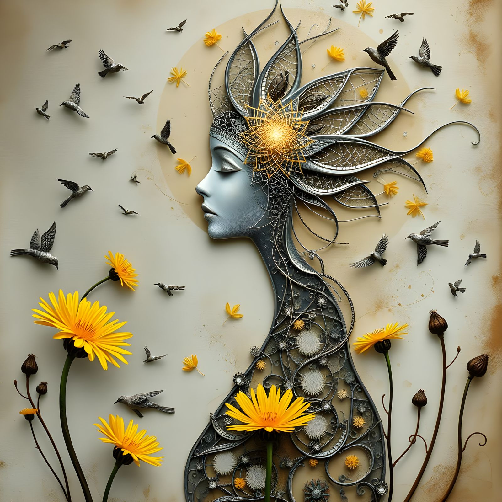 Ethereal Star Being Surrounded by Blooming Dandelions and Bi...