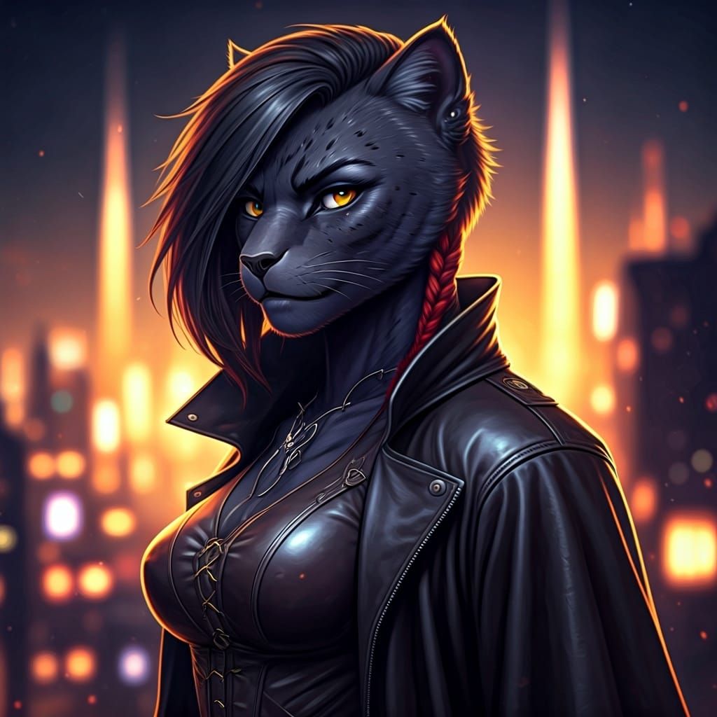 Anime Black Panther Anthro in a High-Tech City