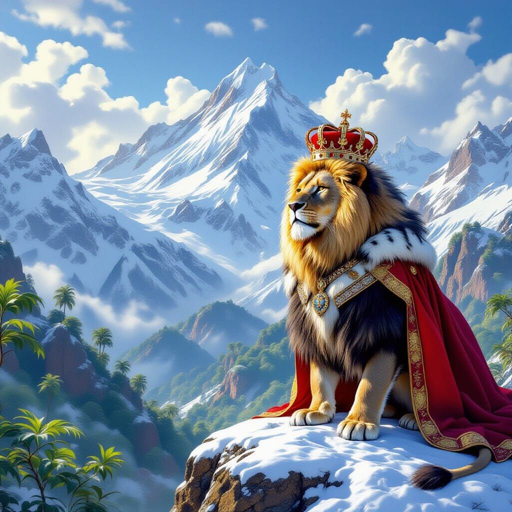 Lion King on Snowy Peak Overlooking Rainforest