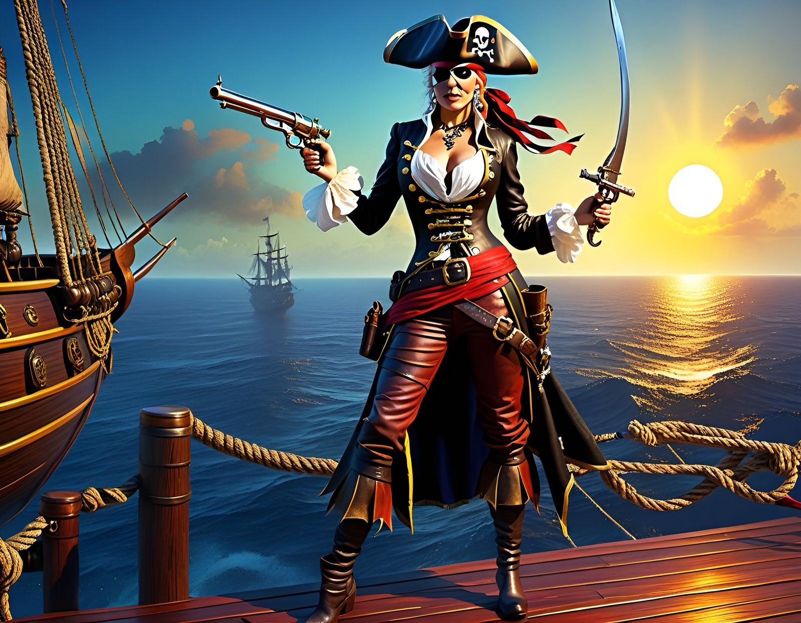 Confident Female Pirate on Ship in Cinematic Lighting