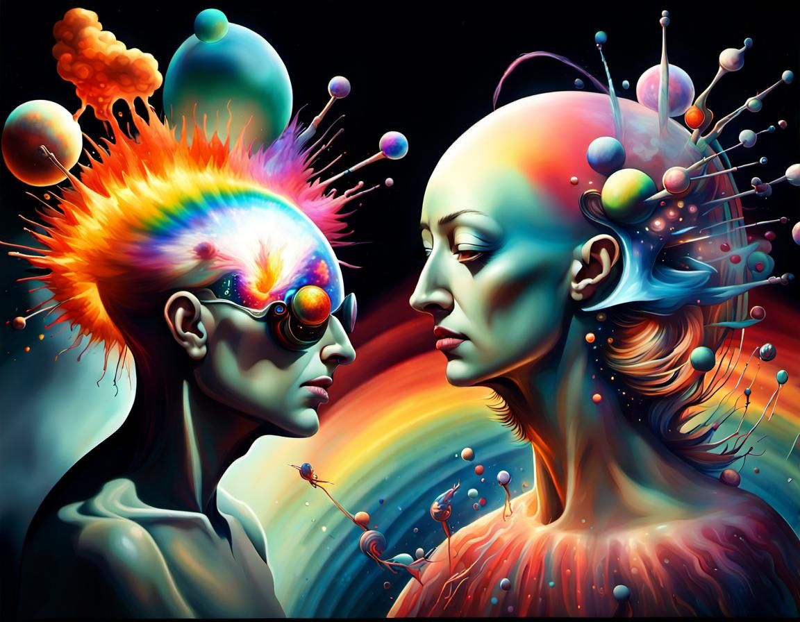 Cosmic Cyberpunk Orbiting Figures in Space