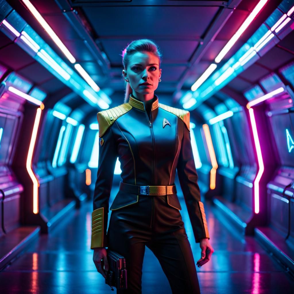 Star trek federation female officer in a starship corridor n...