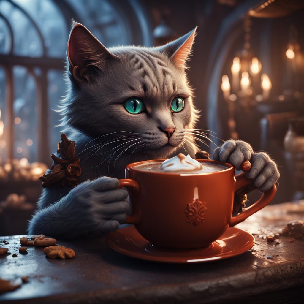 Cat Sipping Hot Chocolate: Detailed Matte Painting