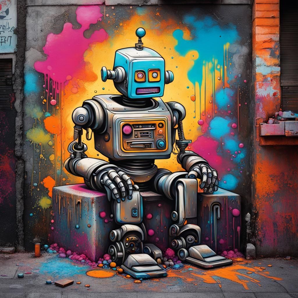 Robot Dream in Graffiti Splash Art Style