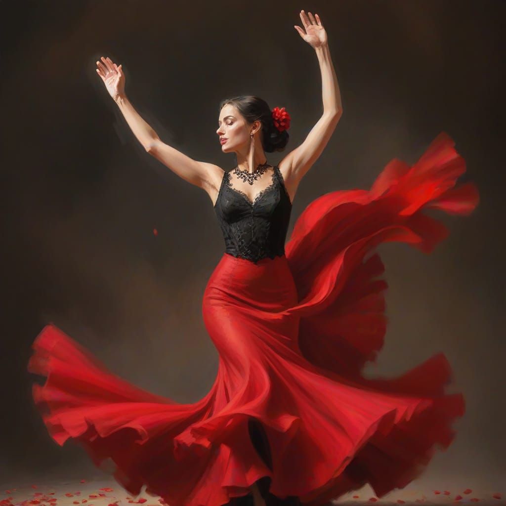 Flamenco Dancer in Red Dress: Vibrant Oil Painting