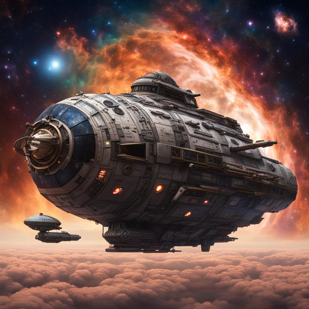 Victorian Spaceship Soaring Through Nebula