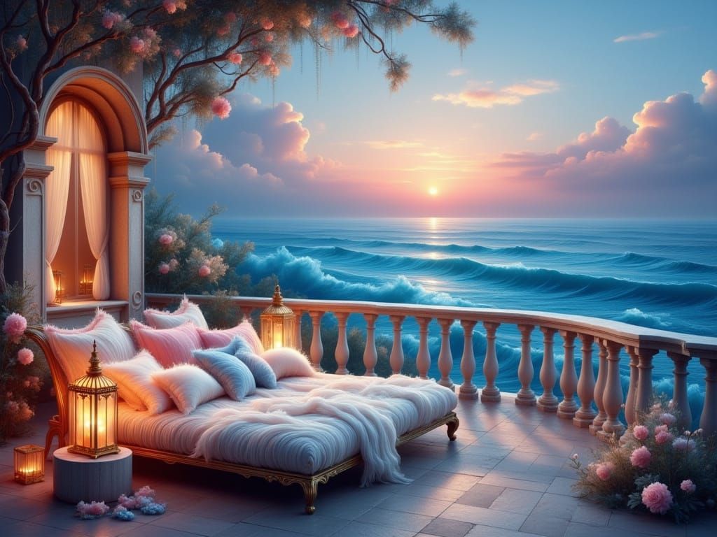 Serene Ocean Balcony at Twilight in Impressionistic Style