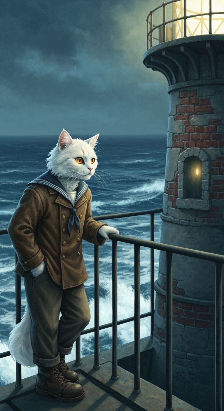 Anthropomorphic Cat Lighthouse Keeper Gouache Painting