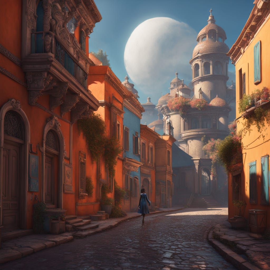 Vibrant Street Scene in Surreal Digital Painting