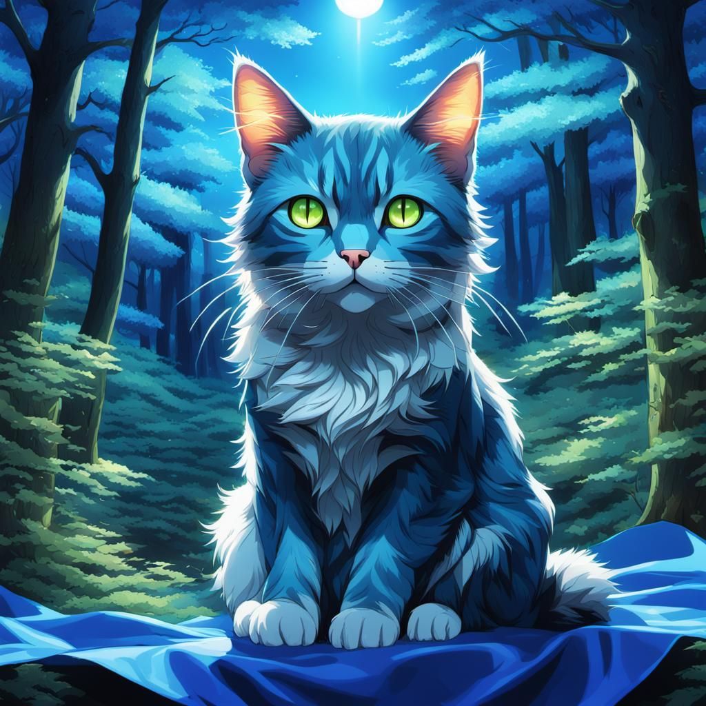 Vibrant Anime Cat Dissolving into Blue Fabric