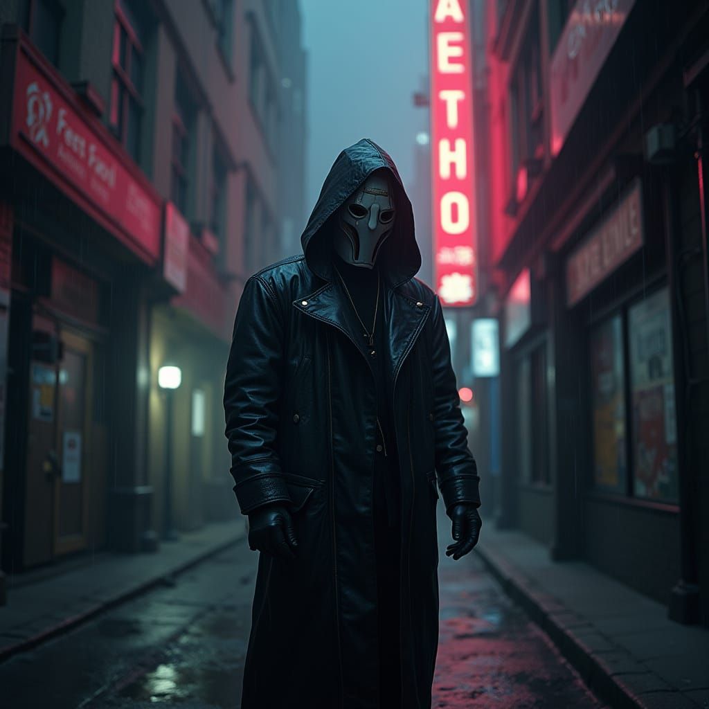 Cyberpunk Hooded Figure in Rain-Soaked Alleyway