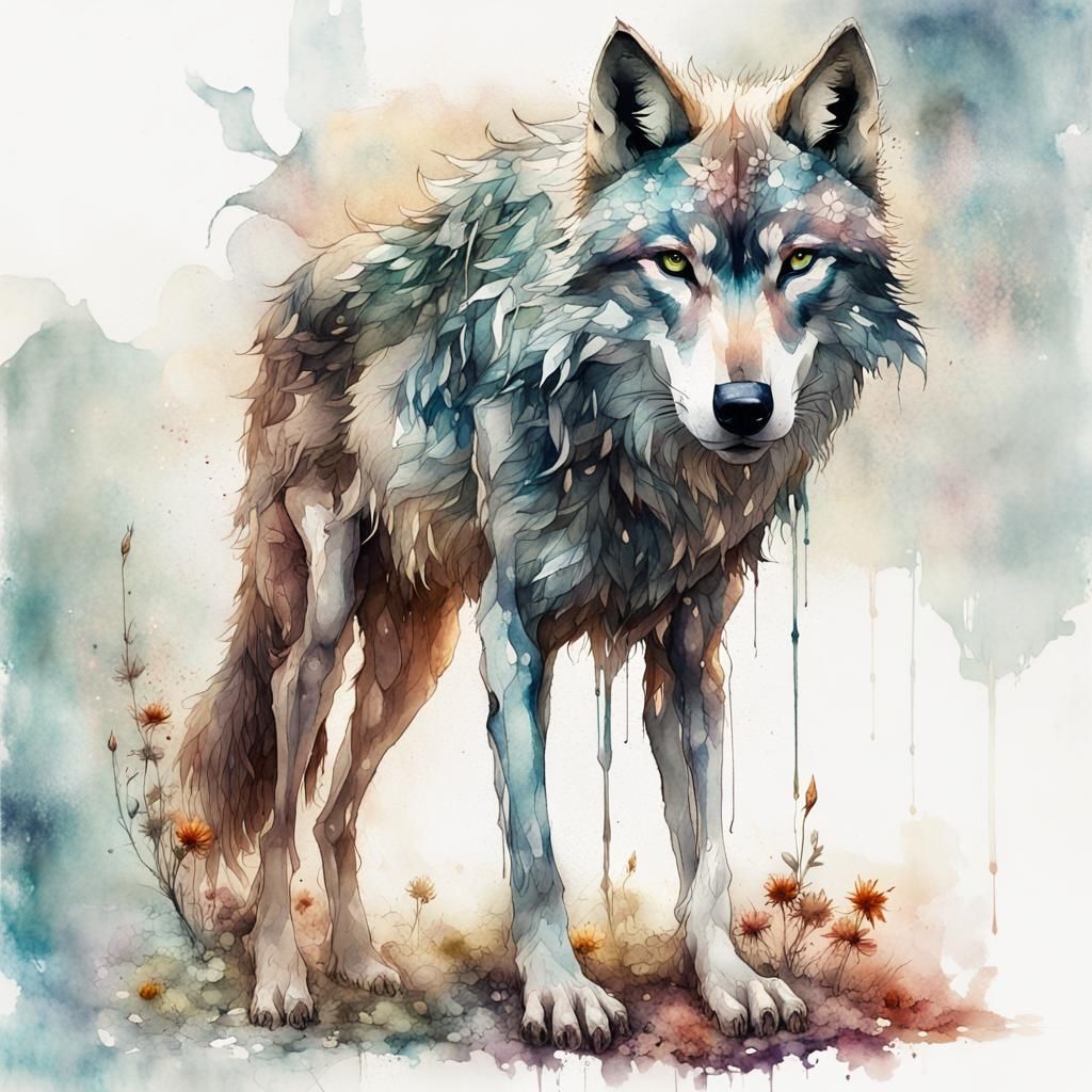 Lone Wolf in Fantasy Watercolor Style