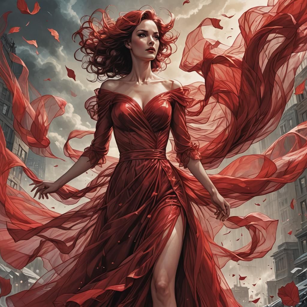 Elegant Lady in Flowing Red Tulle Dress