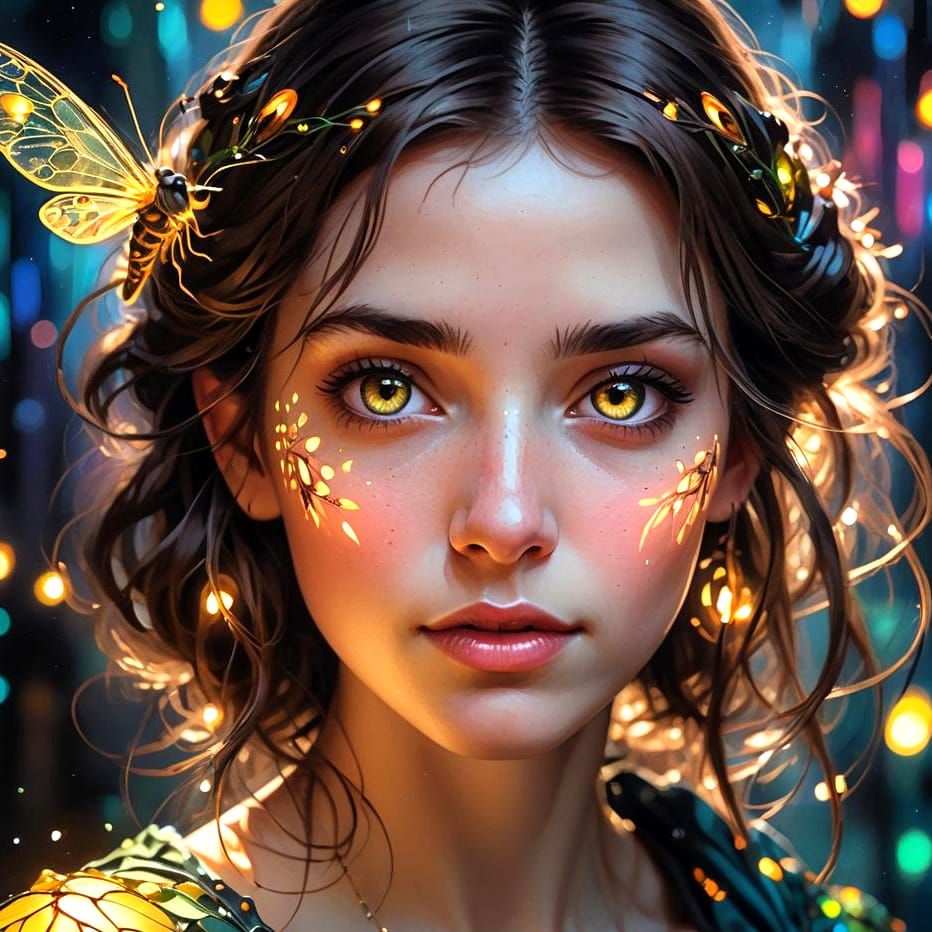 Girl with Firefly: Hyperrealistic Polychromatic Portrait