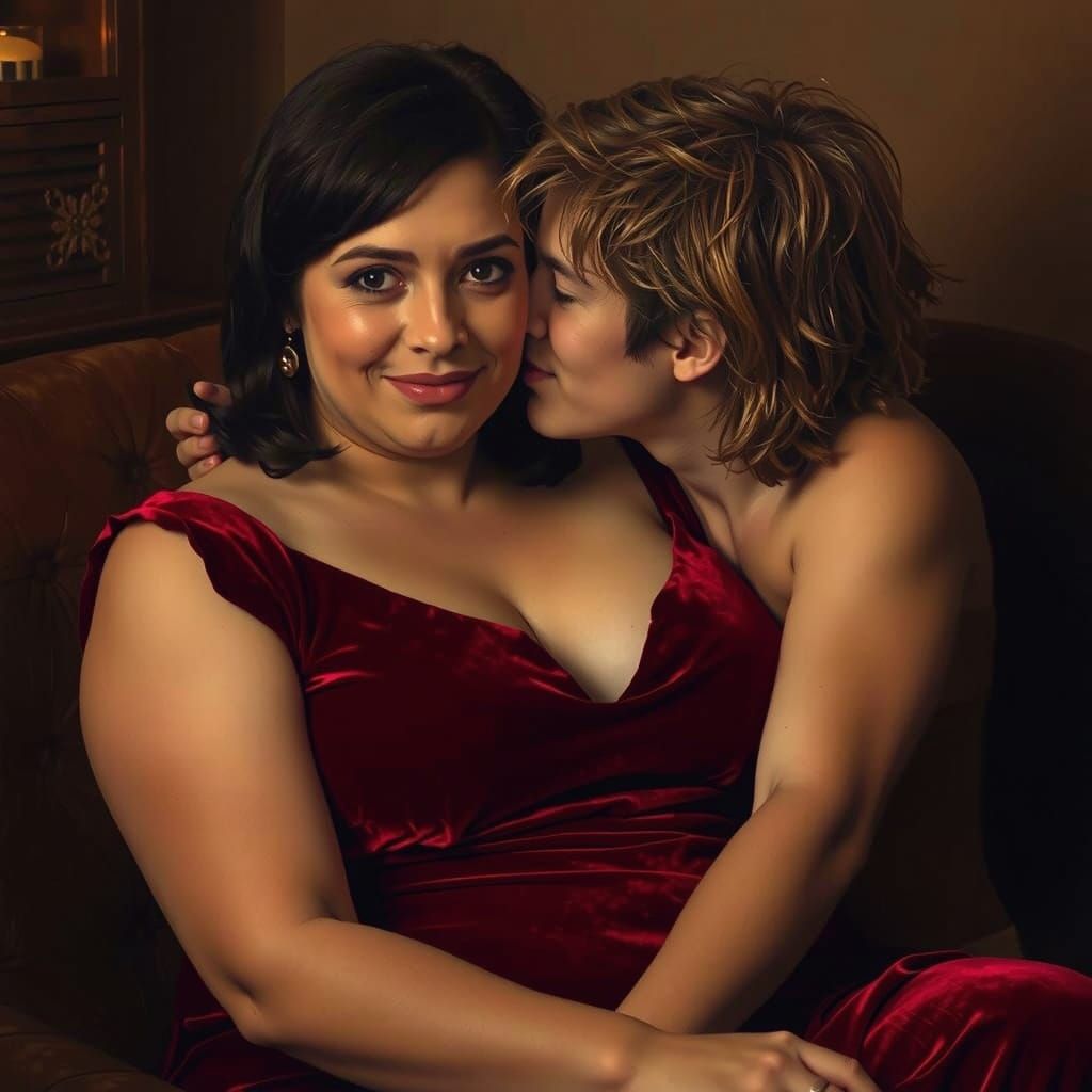 Buxom Woman in Velvet Gown, Intimate Moment with Unruly Yout...