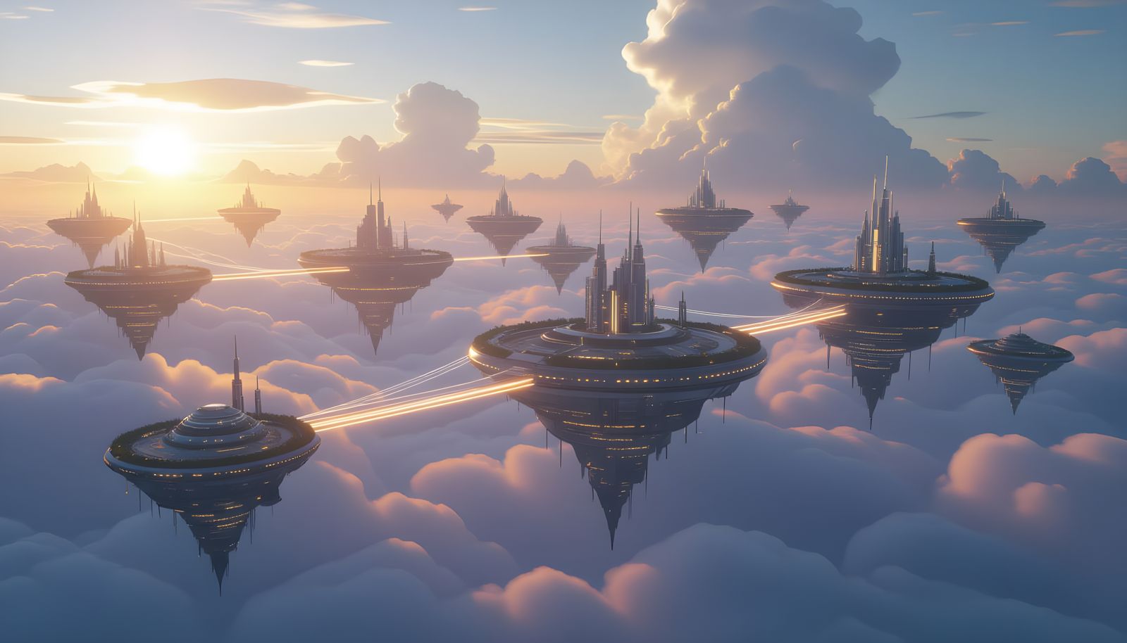 High-Tech Floating Islands Connected by Light Bridges