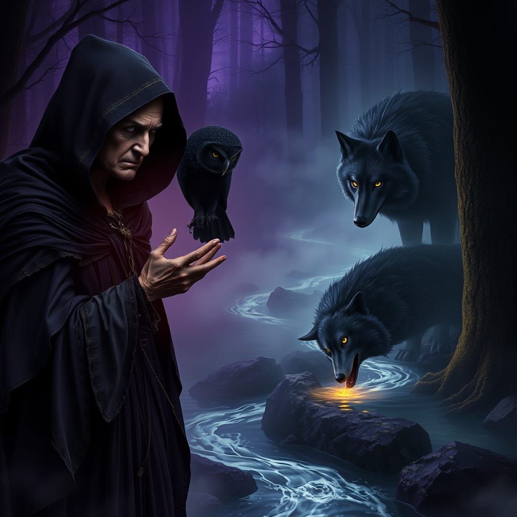 Mysterious Woman in Dark Fantasy Scene with Owl and Majestic...