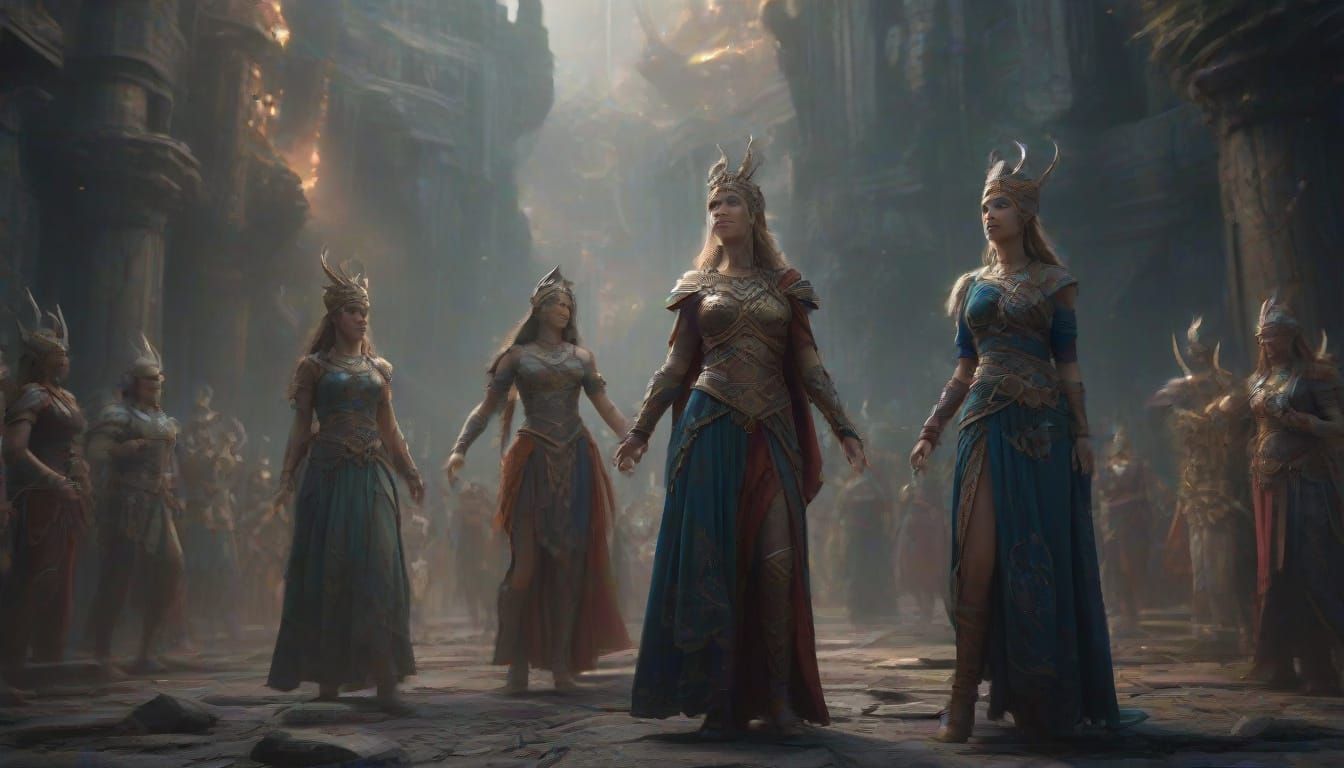 Norse Goddesses Dancing in Vibrant Asgardian Ceremony
