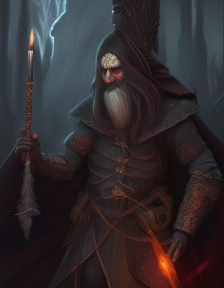 Medieval Wizard with Magic Wand in Dark Forest