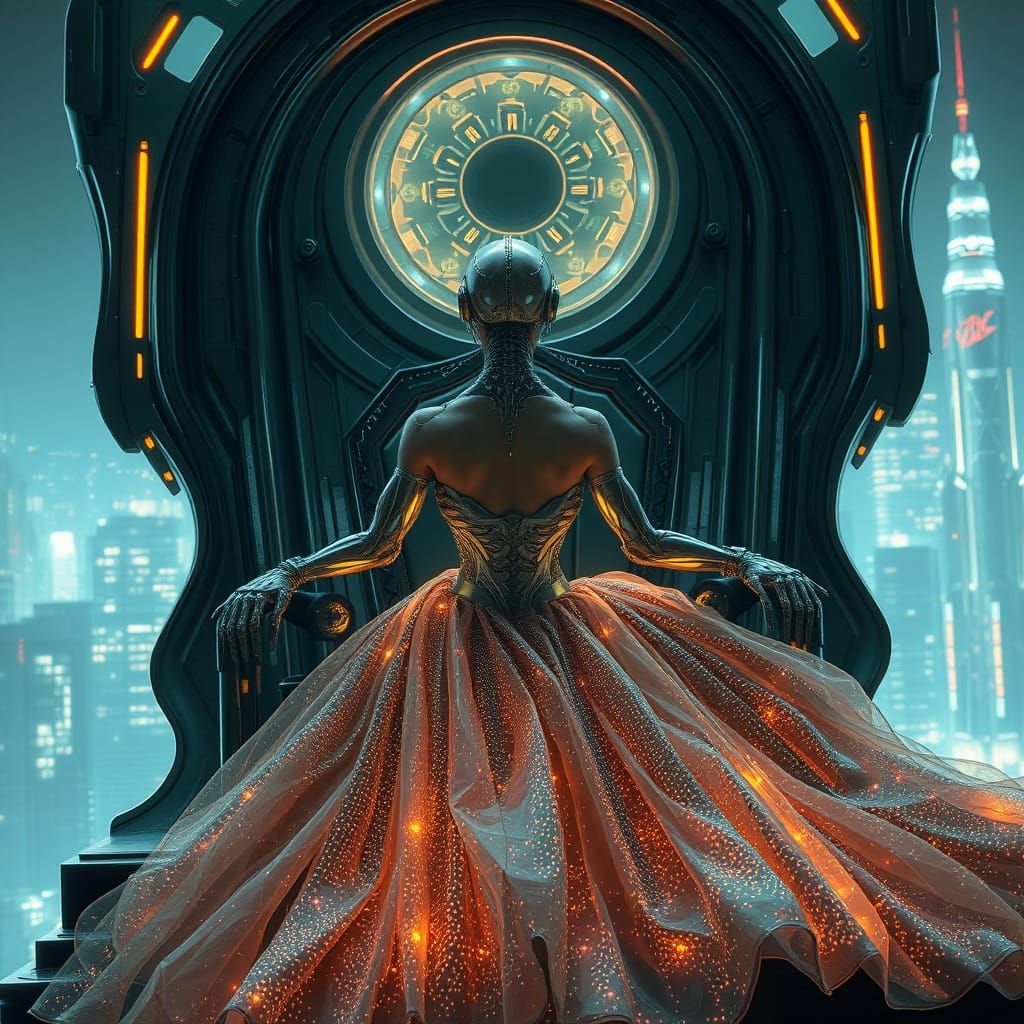 Cyborg Queen Reigns Over Futuristic Metropolis in Shimmering...