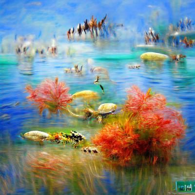 Impressionistic Lagoon Scene with Aquatic Life