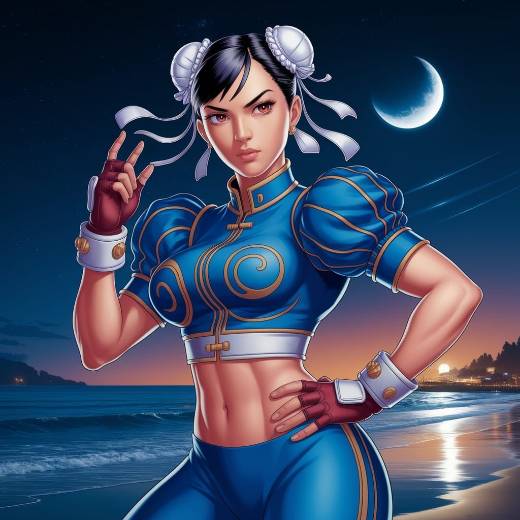 Chun-Li Training on Night Beach in Anime Style