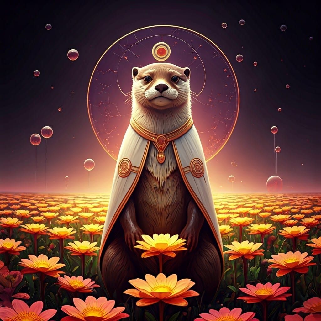 Gigeresque Digital Priestess Surrounded by Otter and Flower....