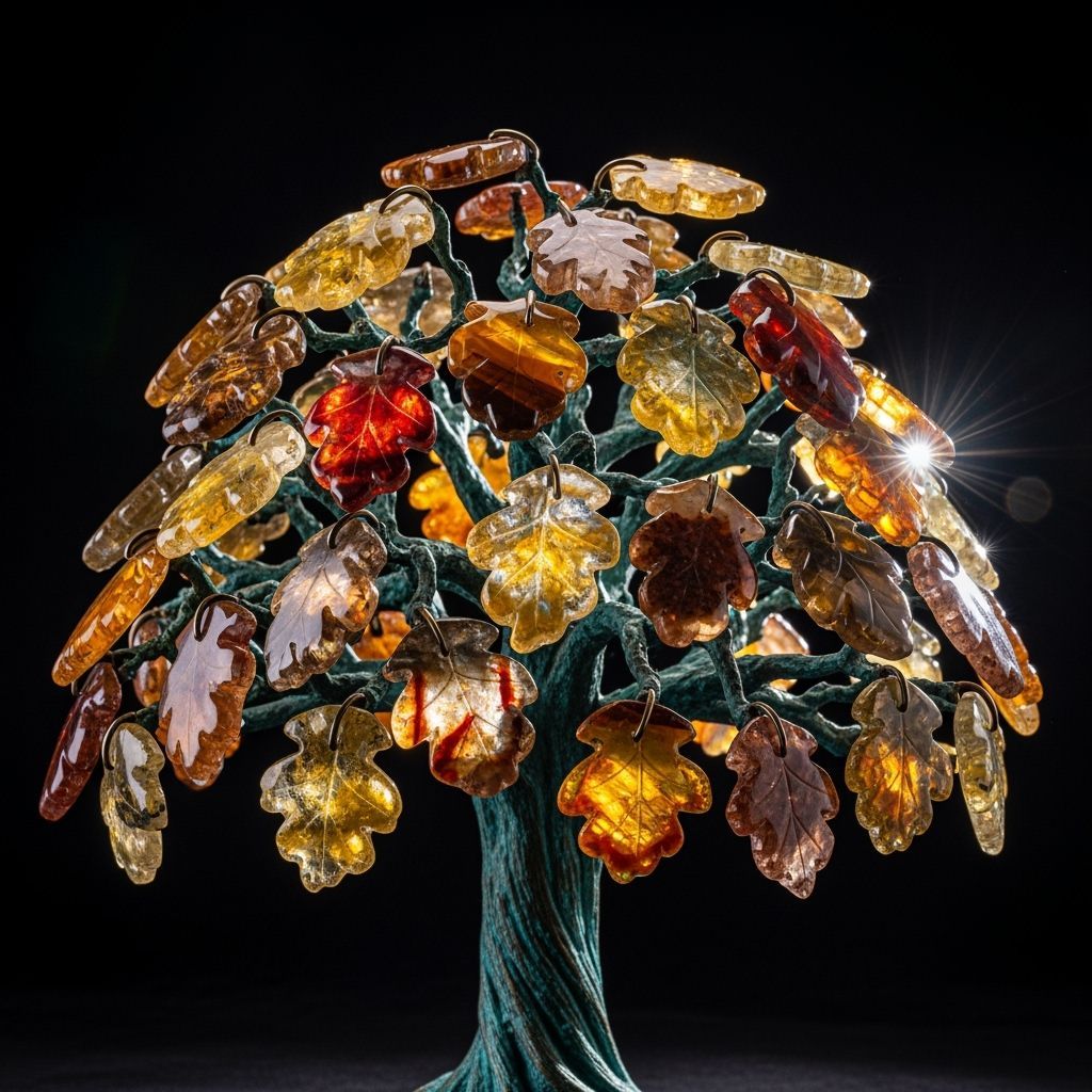 Bronze Oak Sculpture with Gemstone Autumn Leaves