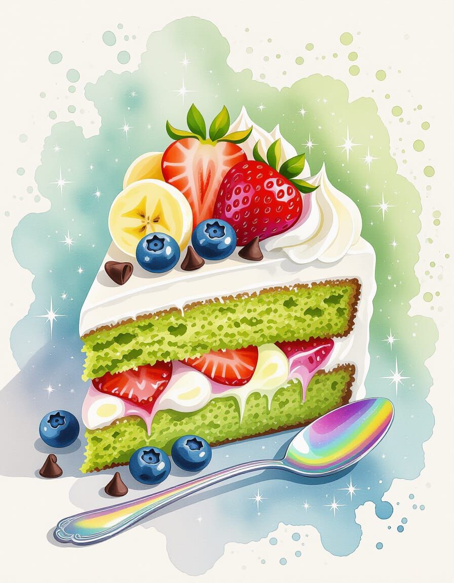 Matcha Cake Slice with Berries in Watercolor Style
