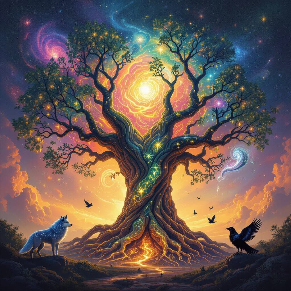 Cosmic World Tree with Animal Guides in Psychedelic Style